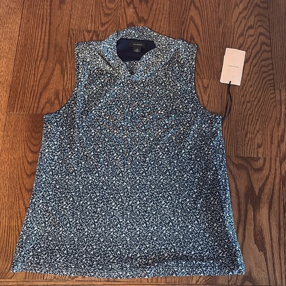 Halogen Women's Sleeveless Top / shell cowl neck mesh overlay stretchy navy wht - Picture 11 of 11